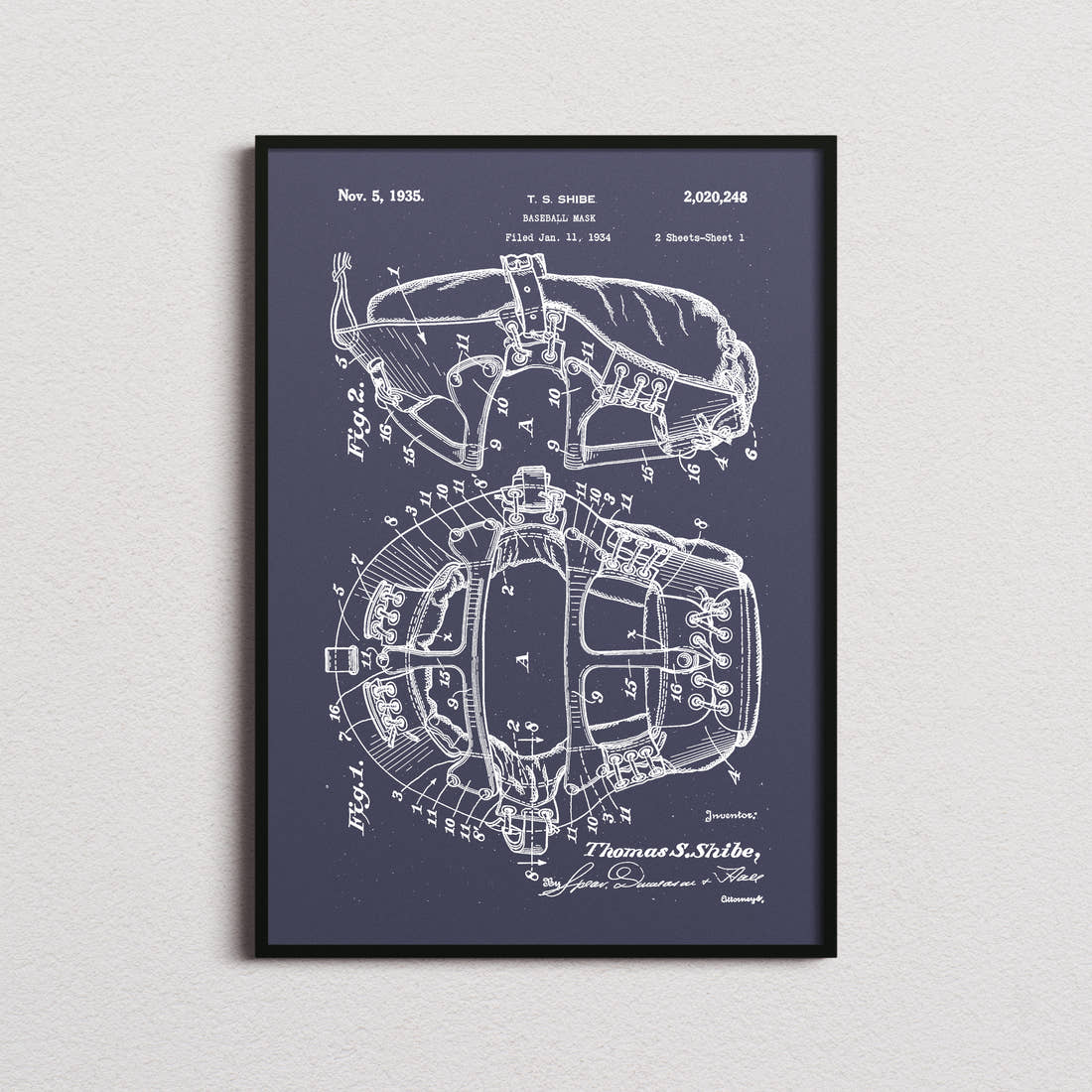 Baseball Mask Patent Print in the navy colourway, framed