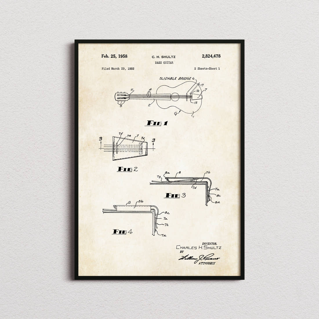 Bass Guitar Patent Print in the aged paper colourway, framed