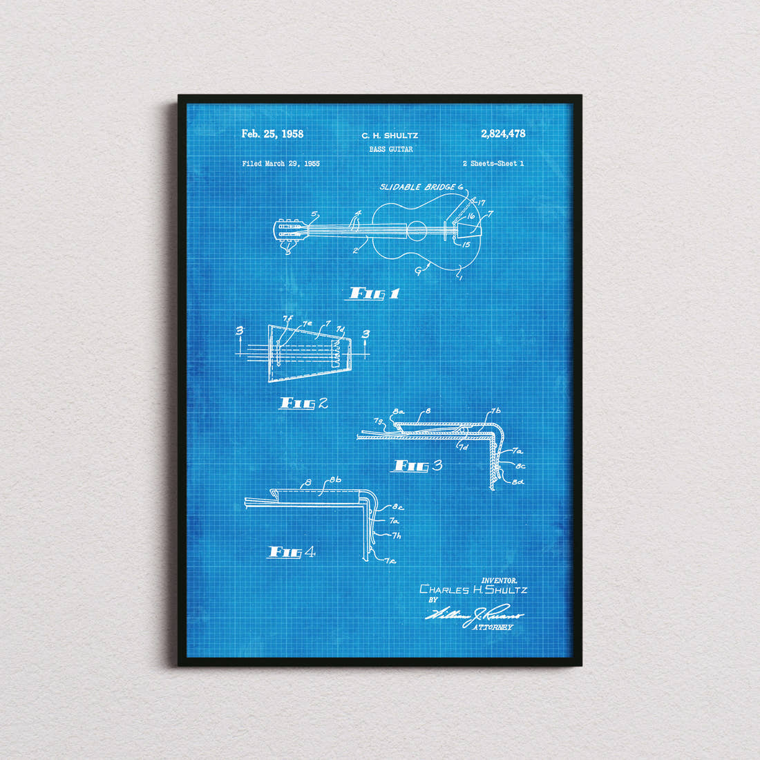 Bass Guitar Patent Print in the blueprint colourway, framed