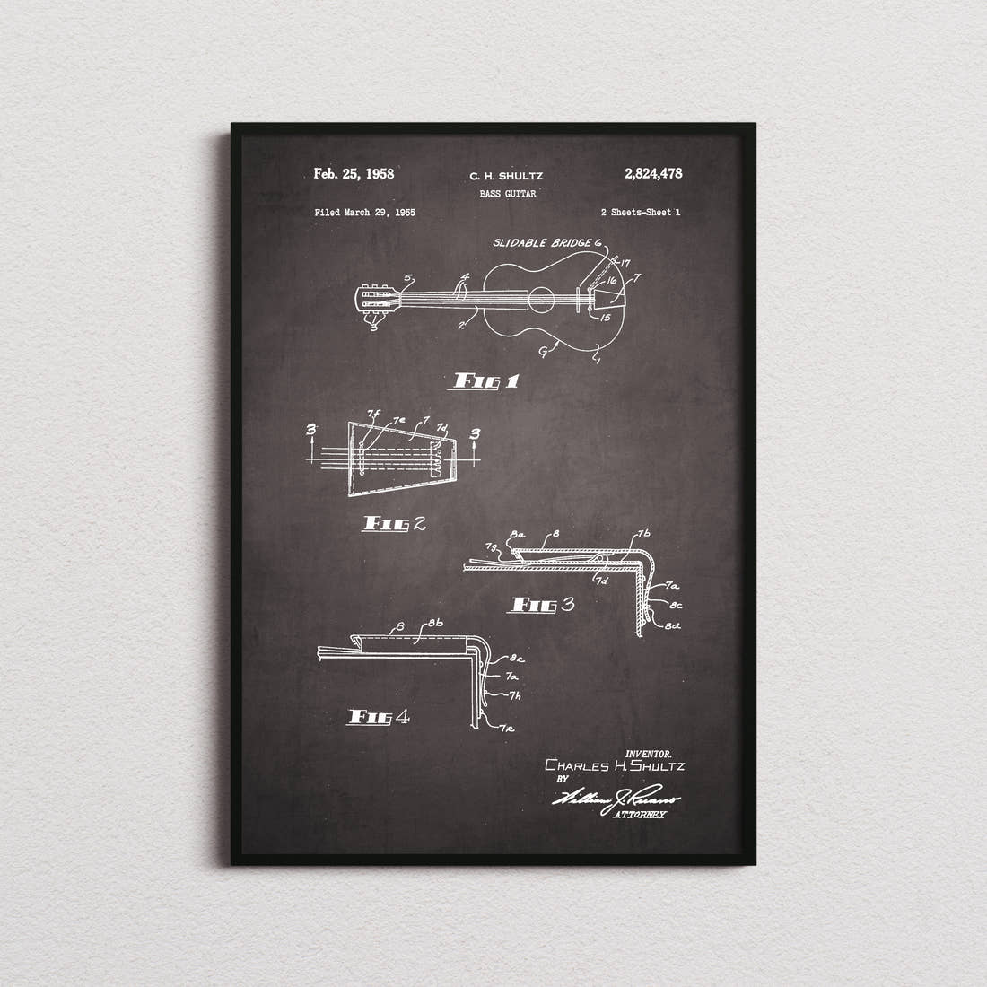 Bass Guitar Patent Print in the blackboard colourway, framed
