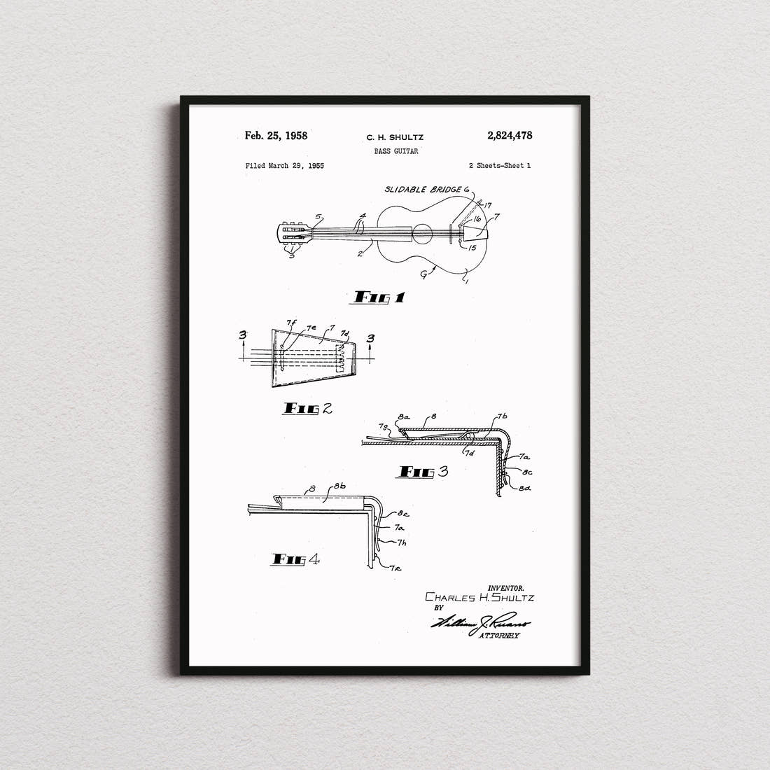 Bass Guitar Patent Print in the white colourway, framed