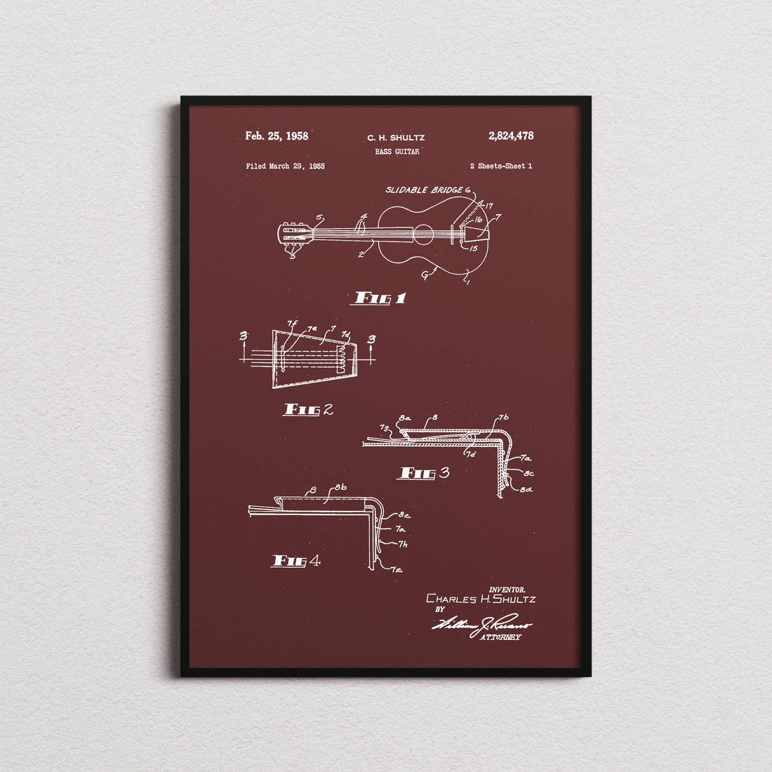 Bass Guitar Patent Print in the burgundy colourway, framed