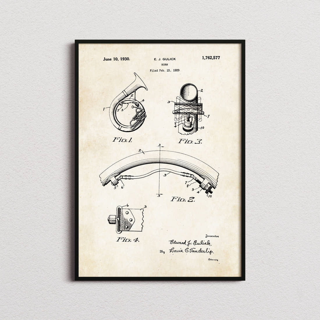 Basset Horn Patent Print in the aged paper colourway, framed