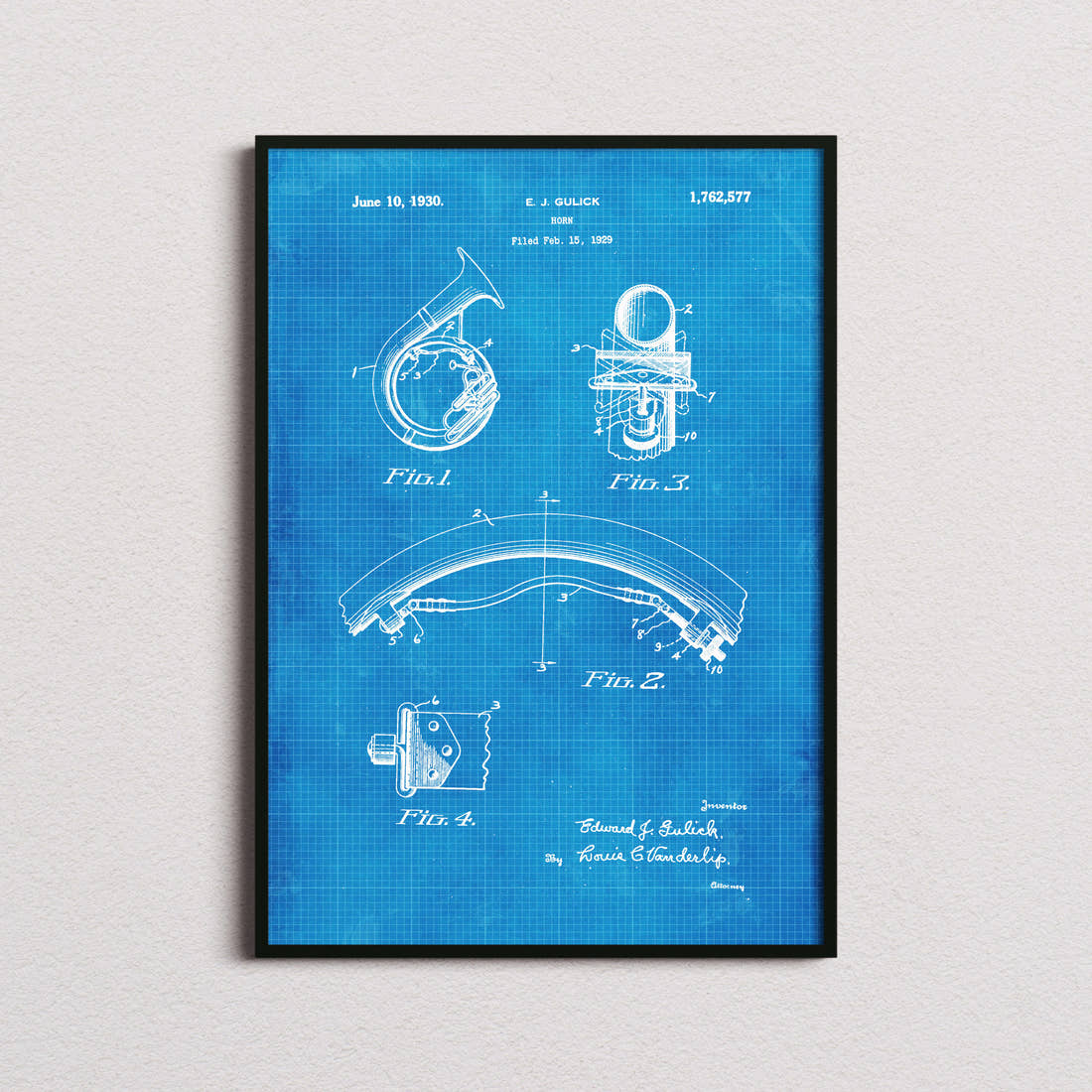 Basset Horn Patent Print in the blueprint colourway, framed