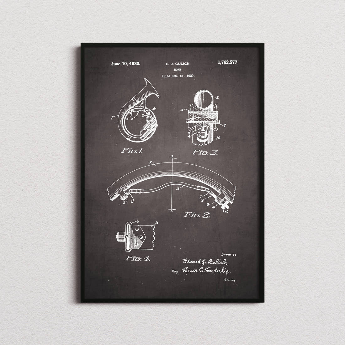 Basset Horn Patent Print in the blackboard colourway, framed