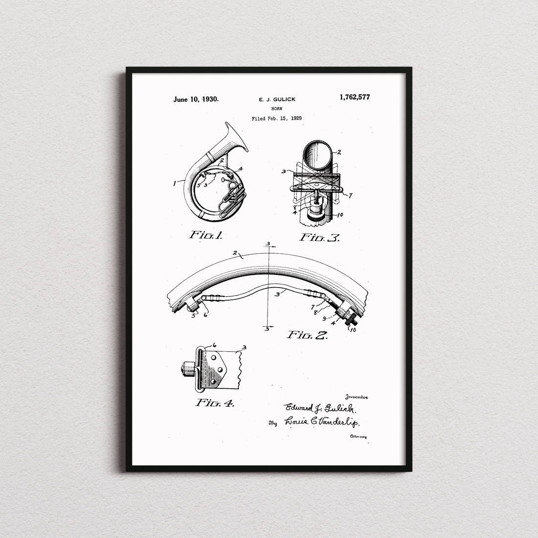 Basset Horn Patent Print in the white colourway, framed