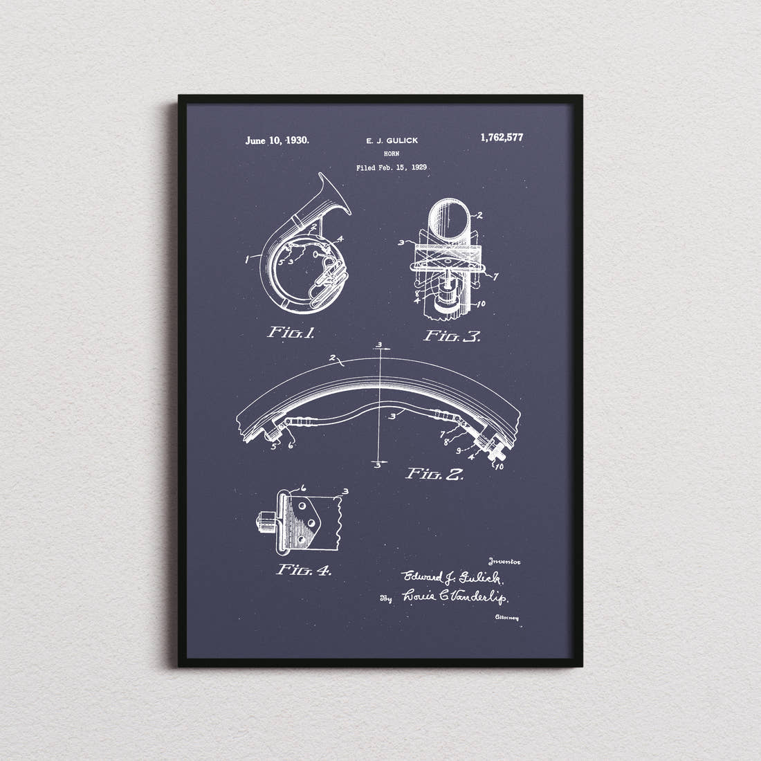 Basset Horn Patent Print in the navy colourway, framed