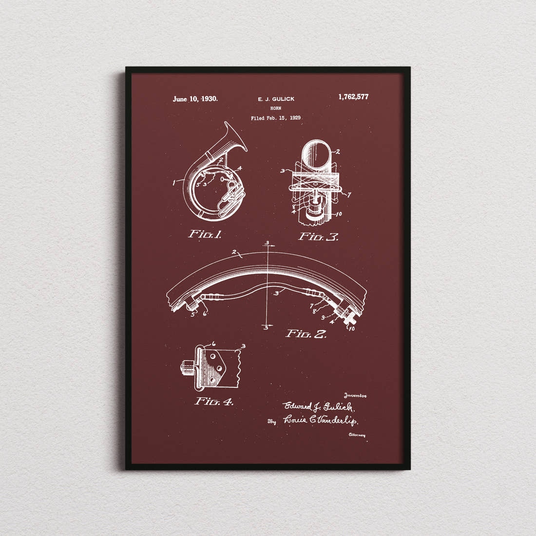 Basset Horn Patent Print in the burgundy colourway, framed