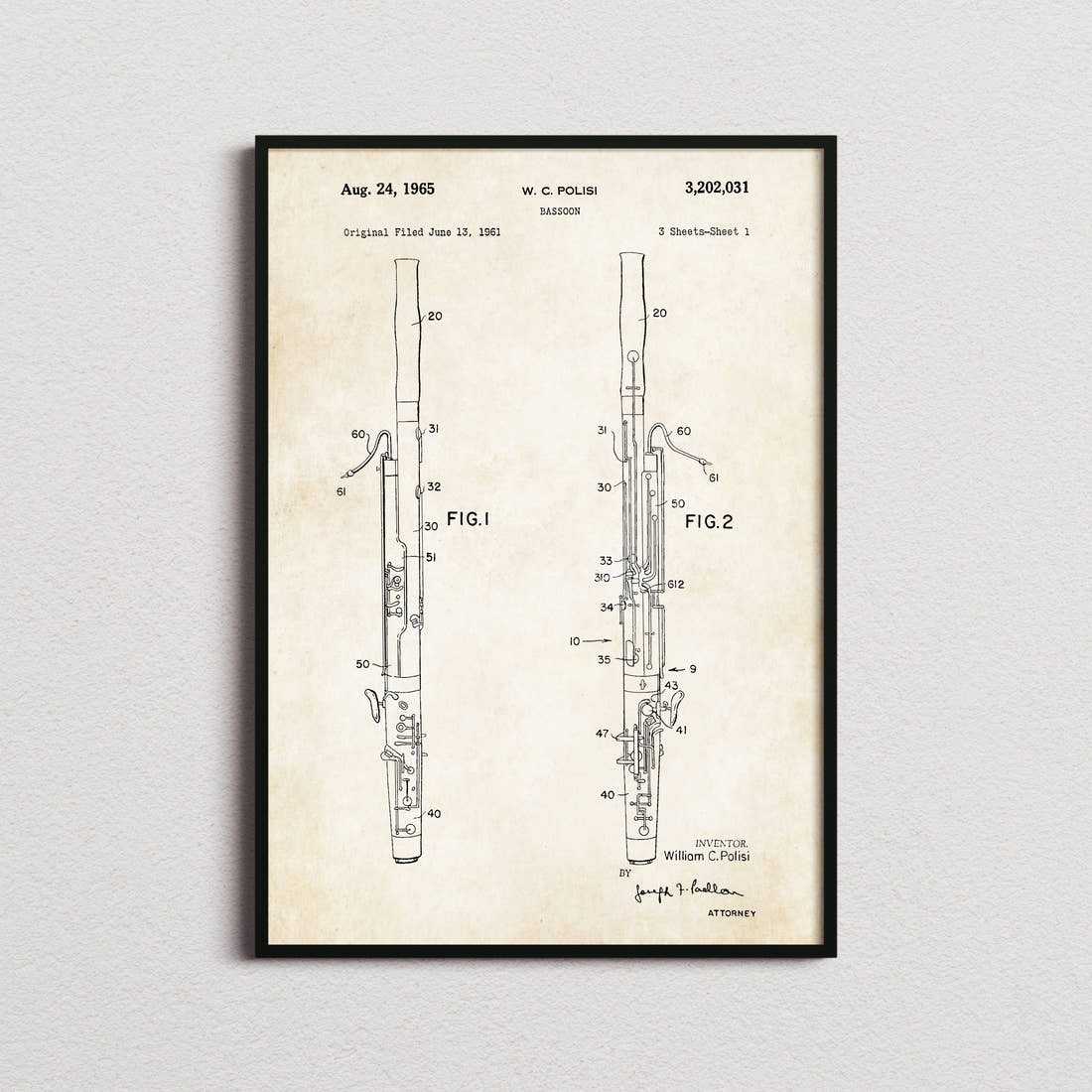 Bassoon Patent Print in the aged paper colourway, framed