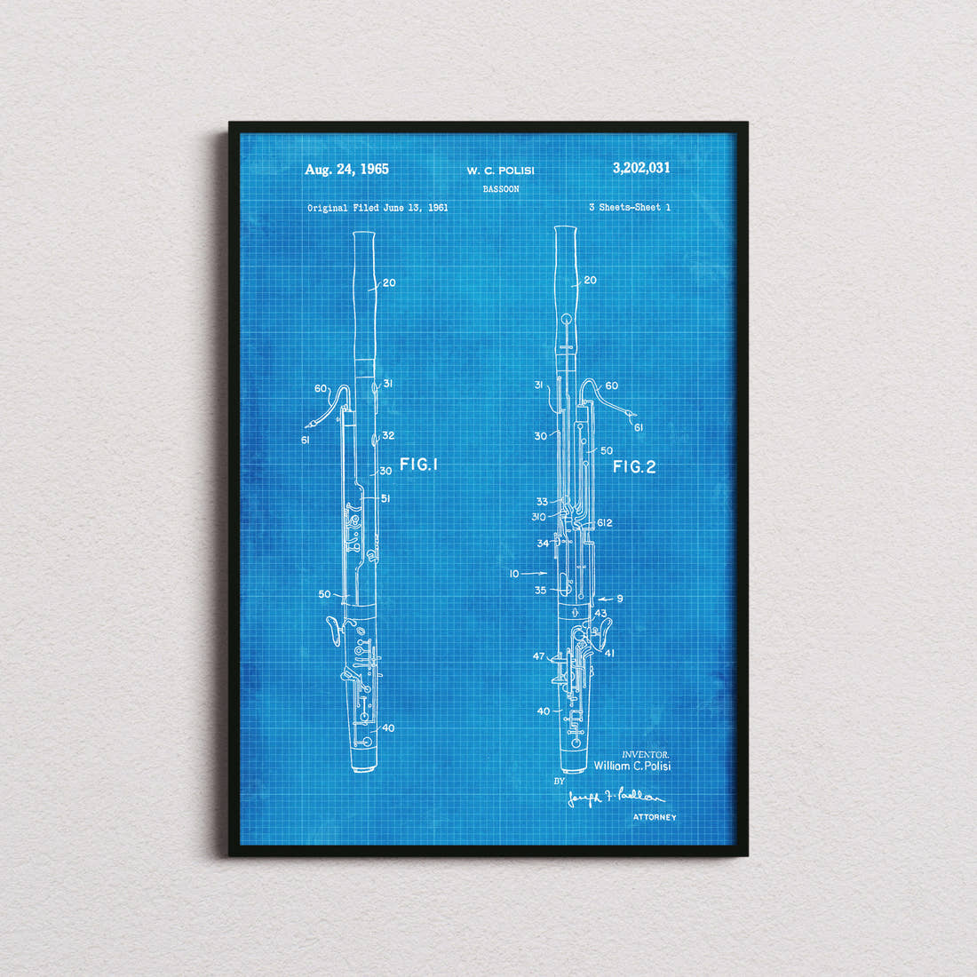 Bassoon Patent Print in the blueprint colourway, framed