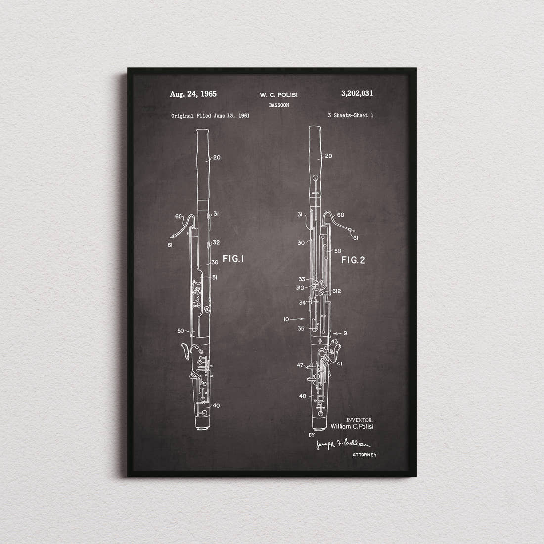 Bassoon Patent Print in the blackboard colourway, framed