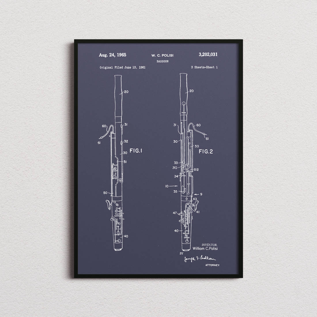 Bassoon Patent Print in the navy colourway, framed