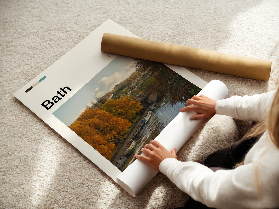 Bath Autumn River View Travel Print being unrolled from its postal tube