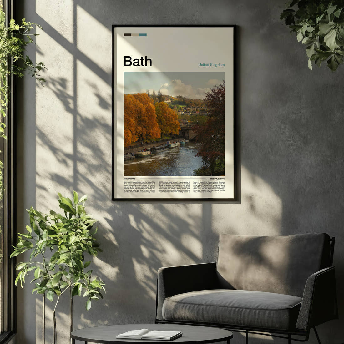 Bath Autumn River View Travel Print framed on the wall of a relaxed living room