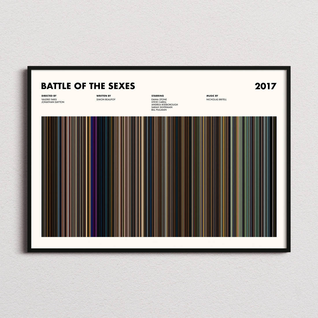 Battle of the Sexes Movie Barcode Poster framed and photographed straight on