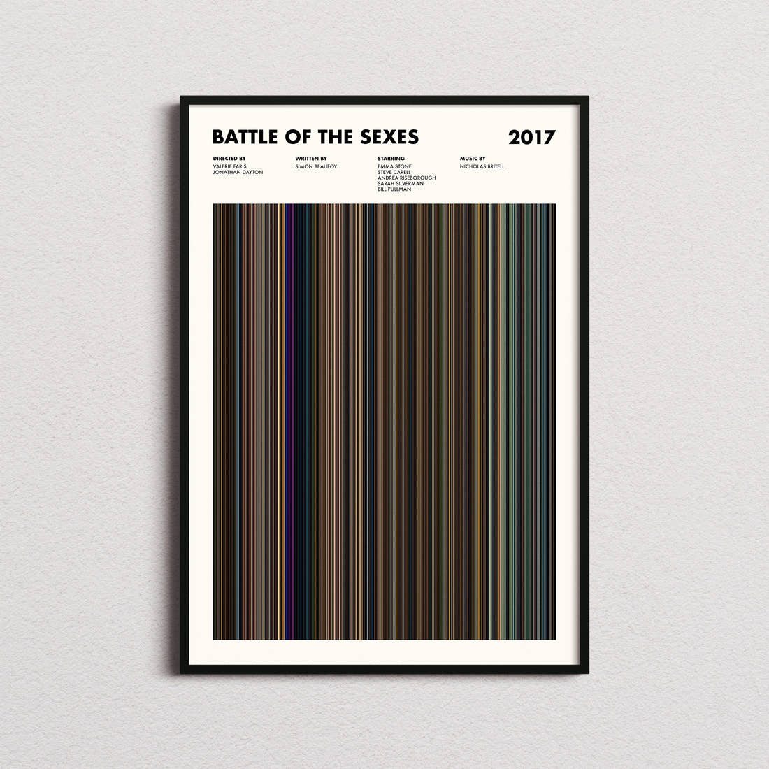 Battle of the Sexes Movie Barcode Poster framed on a plain studio wall