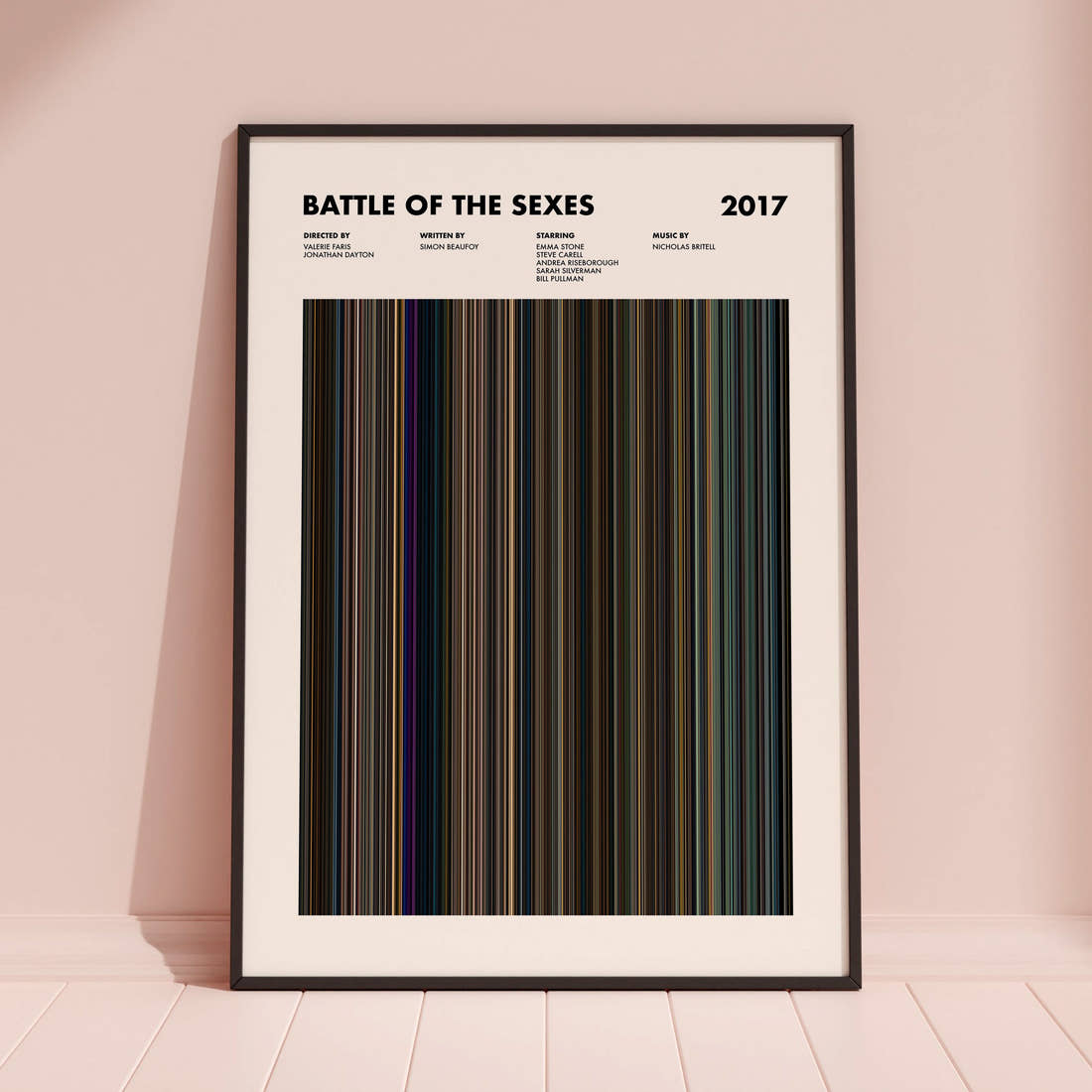 Battle of the Sexes Movie Barcode Poster framed and leaning against a coloured wall