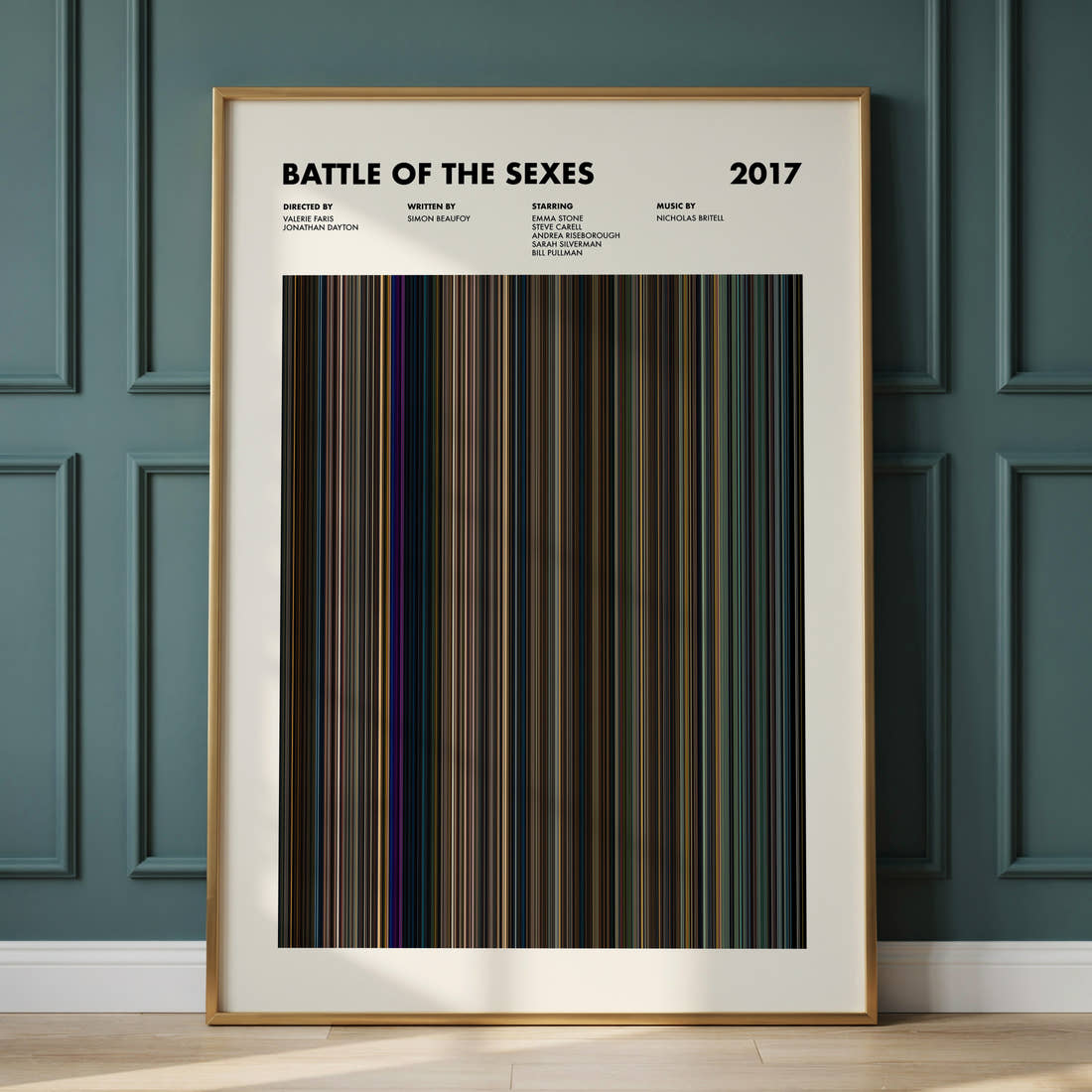 Battle of the Sexes Movie Barcode Poster framed and leaning against a panelled wall