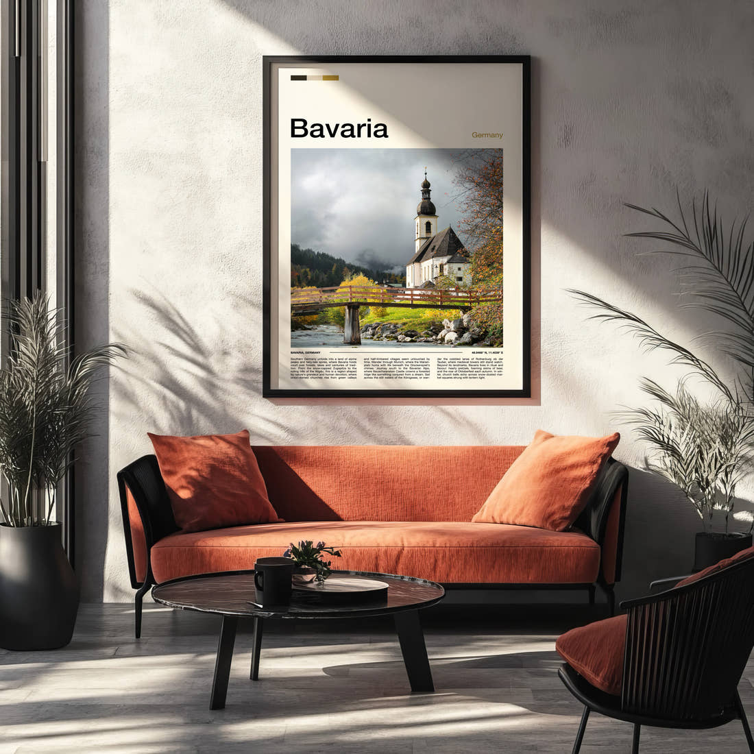 Bavaria Onion-Domed Church Travel Print framed on the wall of a modern living room