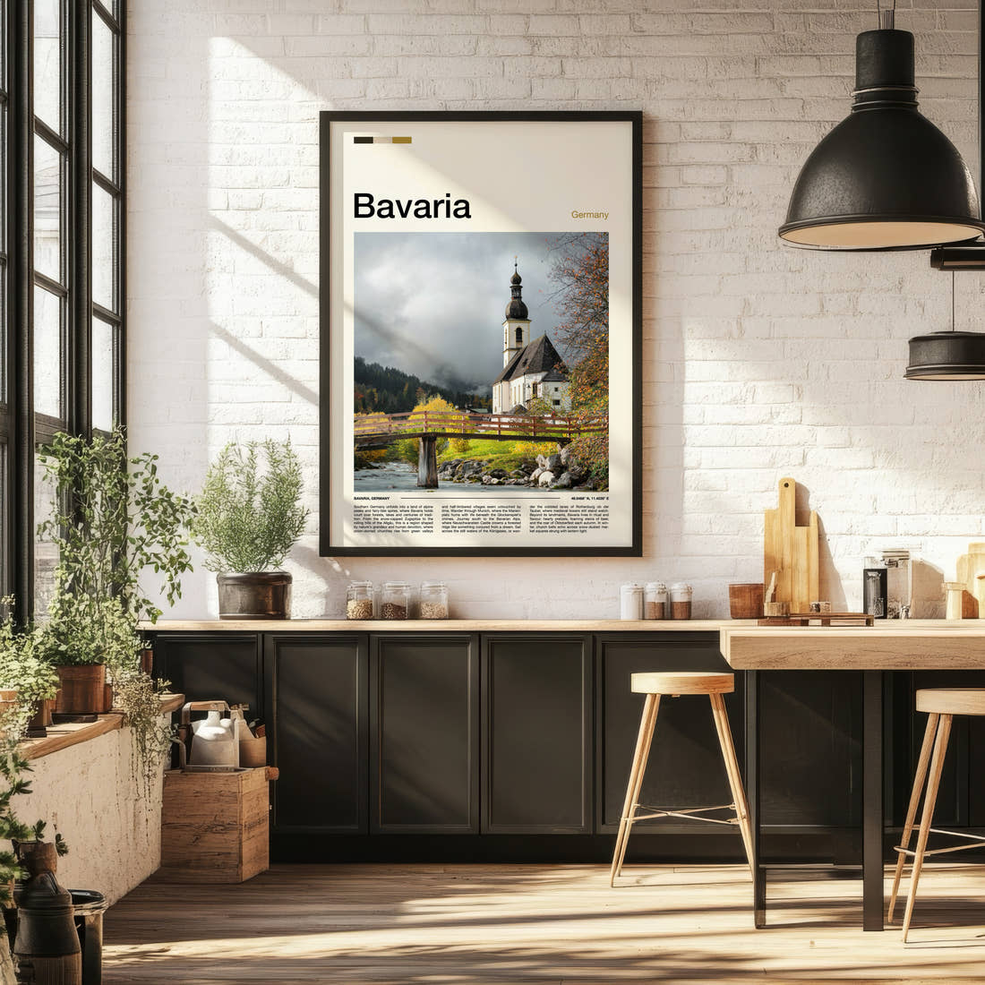 Bavaria Onion-Domed Church Travel Print framed on the wall of a bright kitchen and dining space