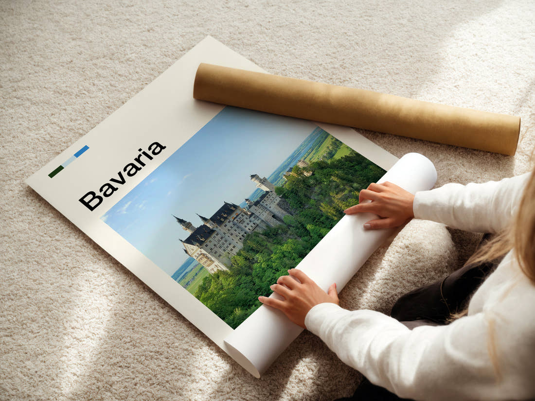 Bavaria Turreted Castle On Cliff Travel Print being unrolled from its postal tube
