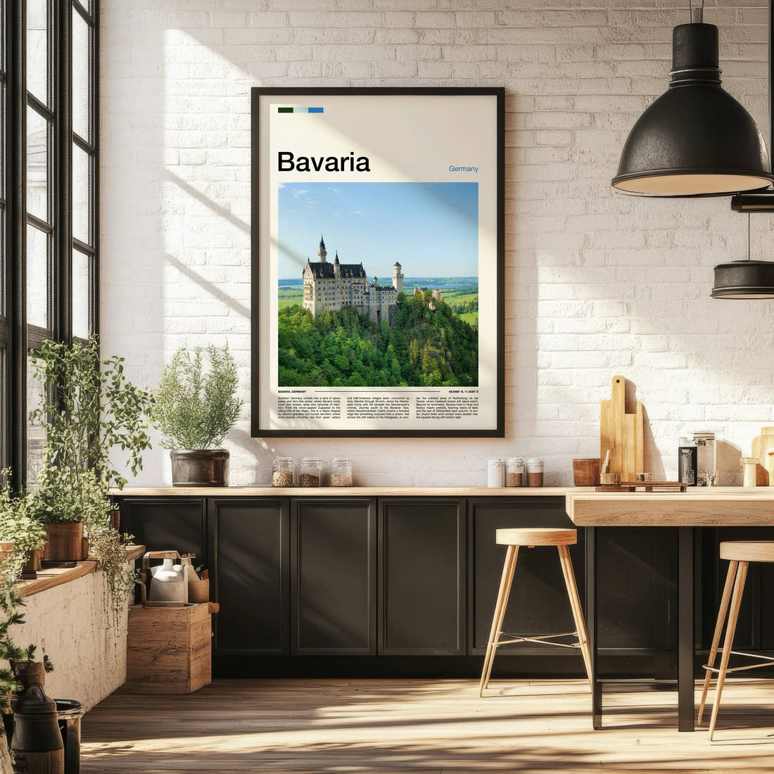 Bavaria Turreted Castle On Cliff Travel Print framed on the wall of a bright kitchen and dining space