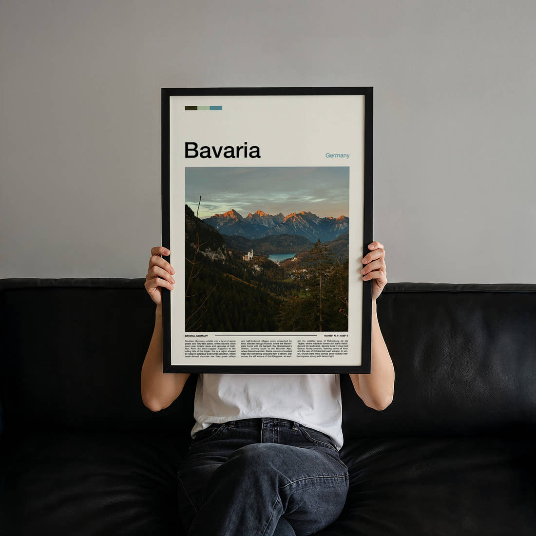 Bavaria Alpine Valley Vista Travel Print held up by hand to show the size of the print