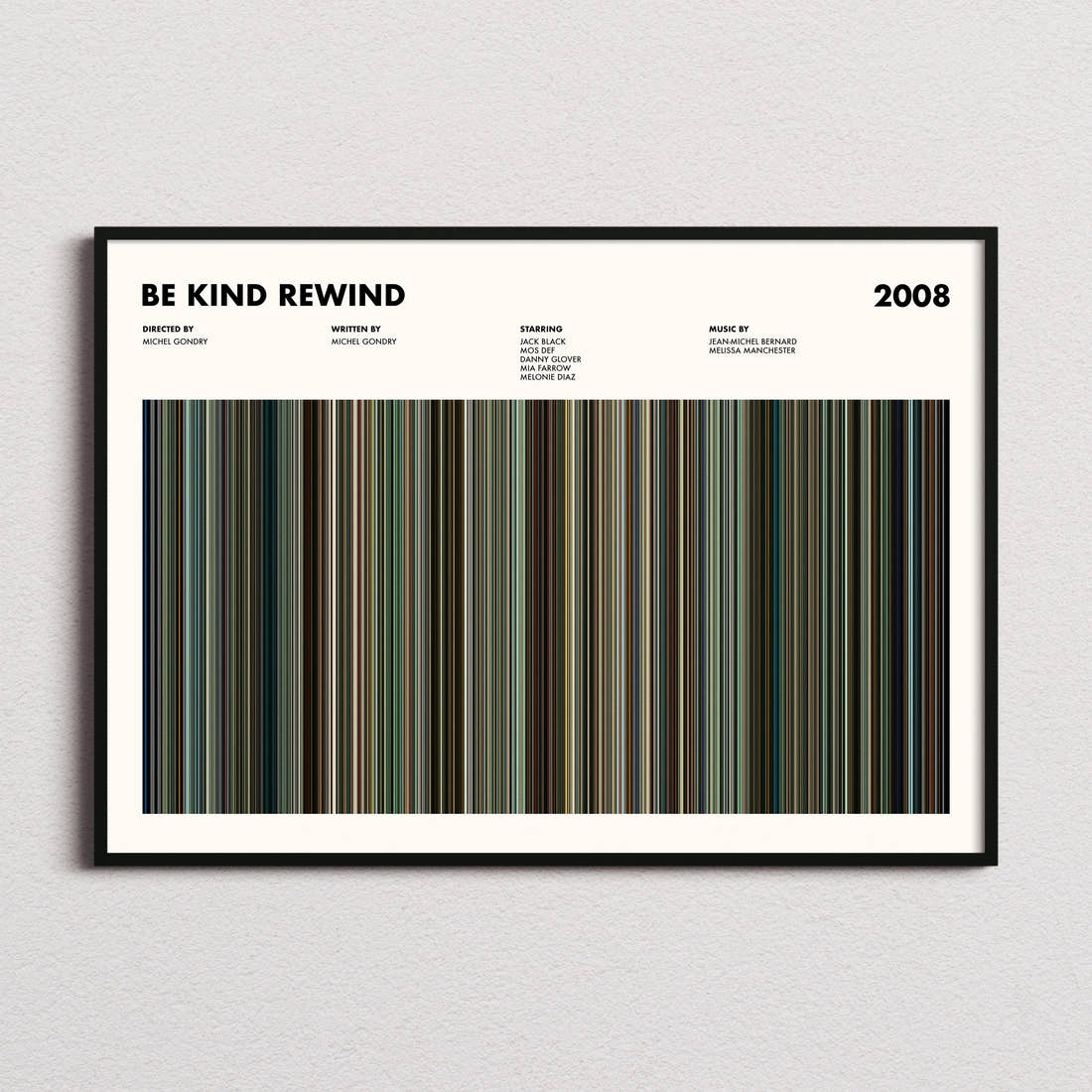 Be Kind Rewind Movie Barcode Poster framed and photographed straight on