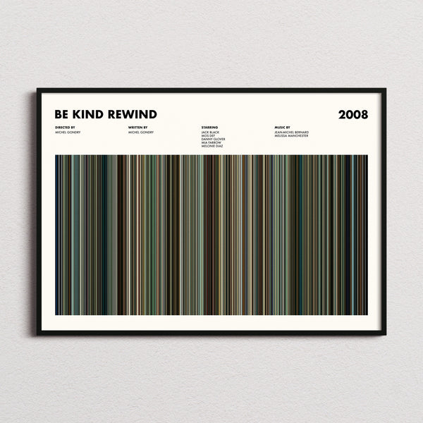 Be Kind Rewind Movie Barcode Poster framed and photographed straight on
