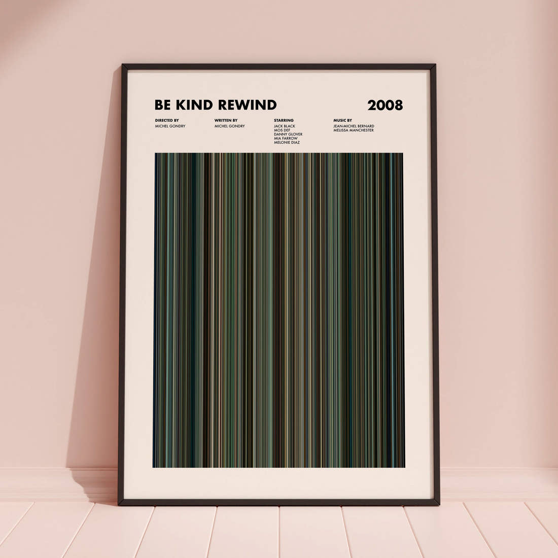 Be Kind Rewind Movie Barcode Poster framed and leaning against a coloured wall