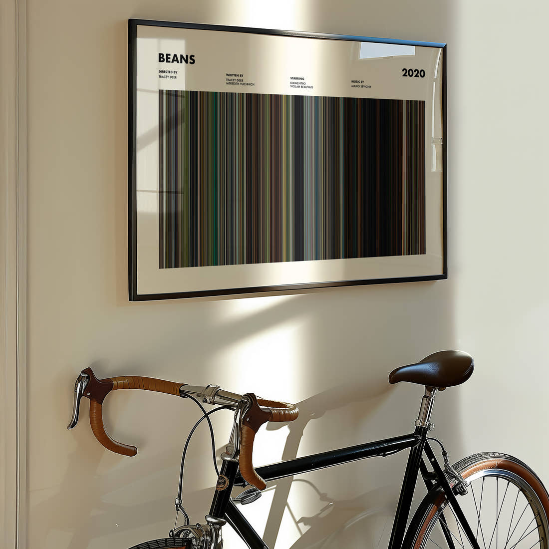 Beans Movie Barcode Poster framed on the wall of a styled room setting