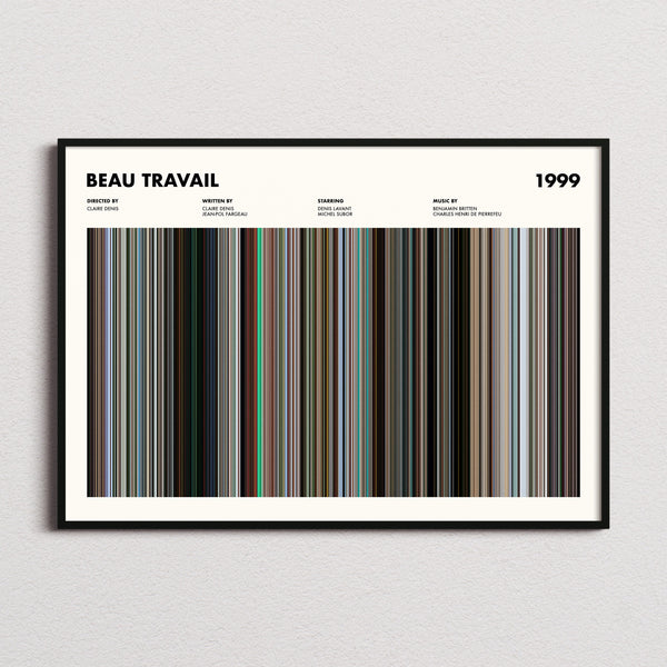 Beau Travail Movie Barcode Poster framed and photographed straight on