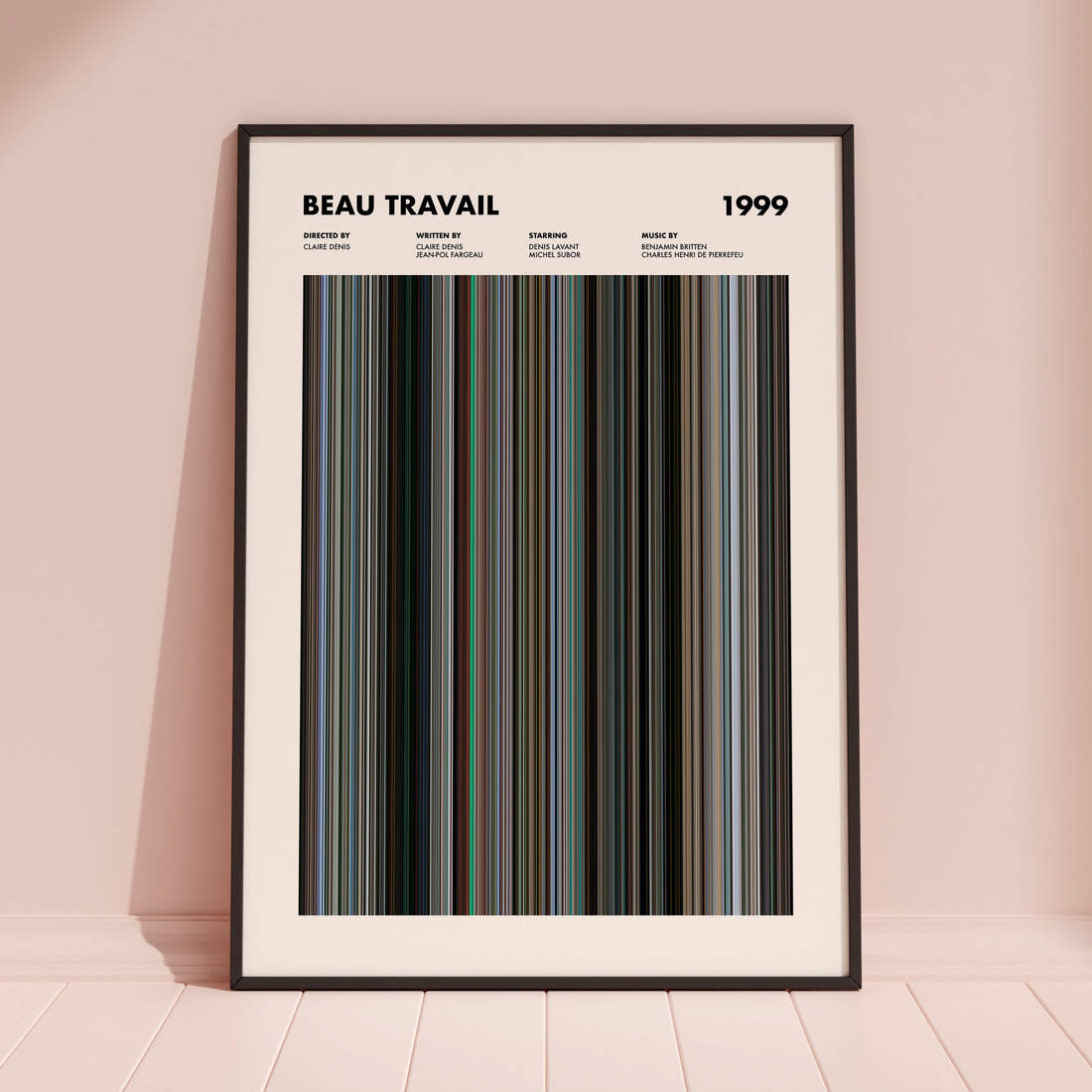 Beau Travail Movie Barcode Poster framed and leaning against a coloured wall