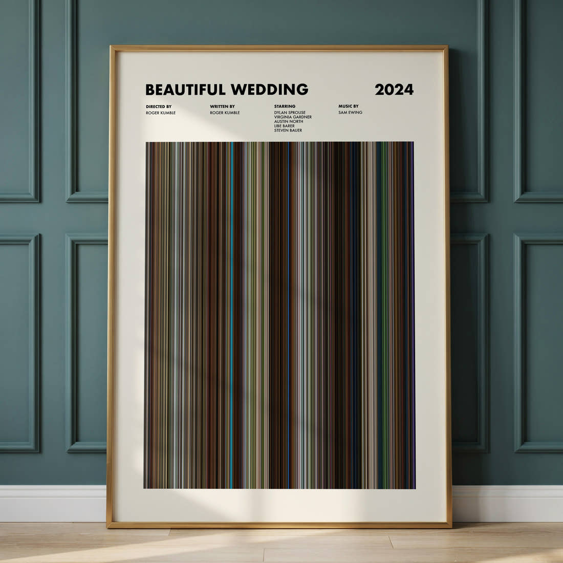 Beautiful Wedding Movie Barcode Poster framed and leaning against a panelled wall