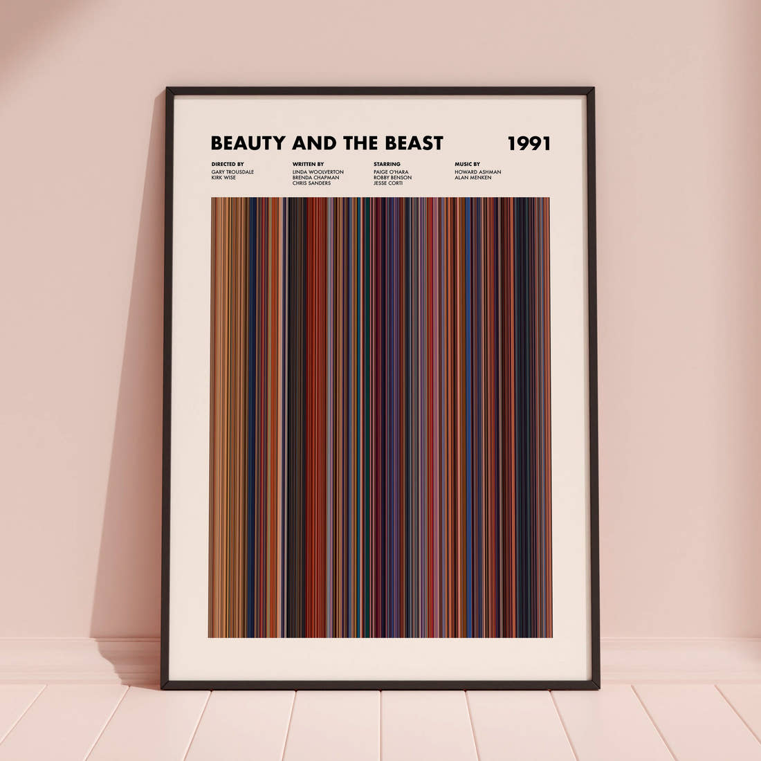 Beauty and the Beast Movie Barcode Poster framed and leaning against a coloured wall