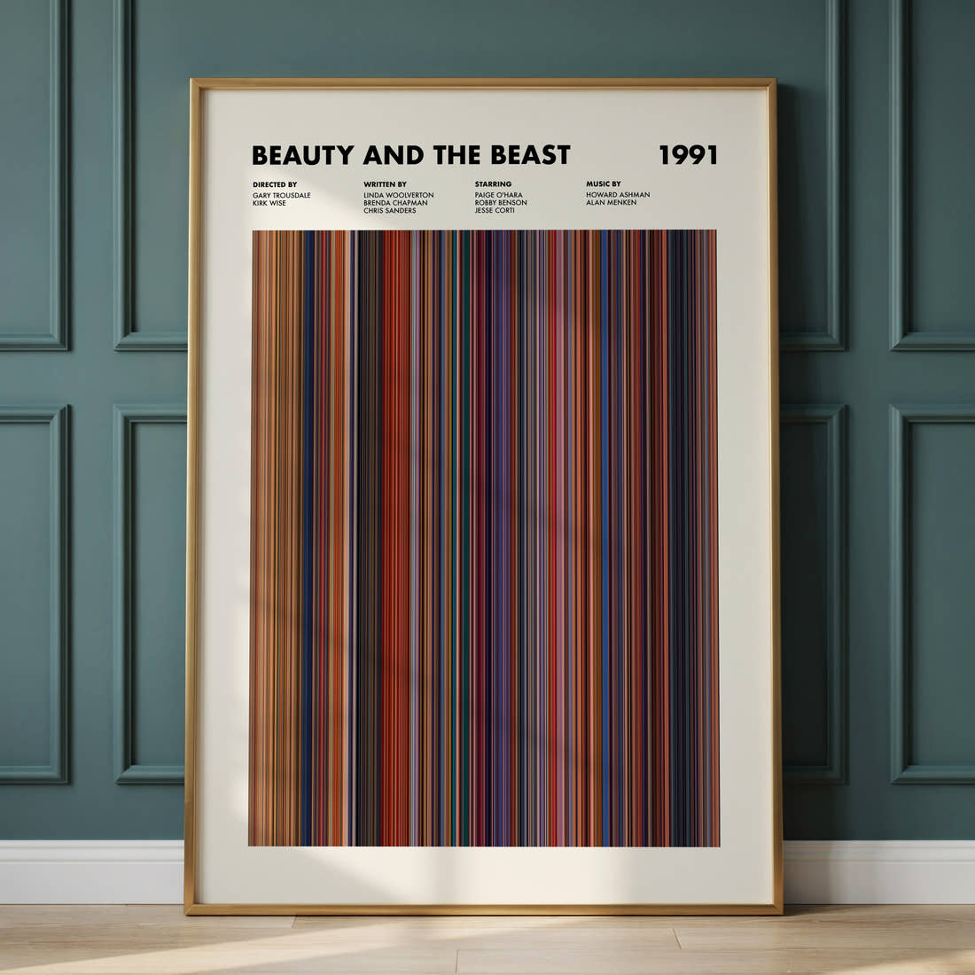 Beauty and the Beast Movie Barcode Poster framed and leaning against a panelled wall