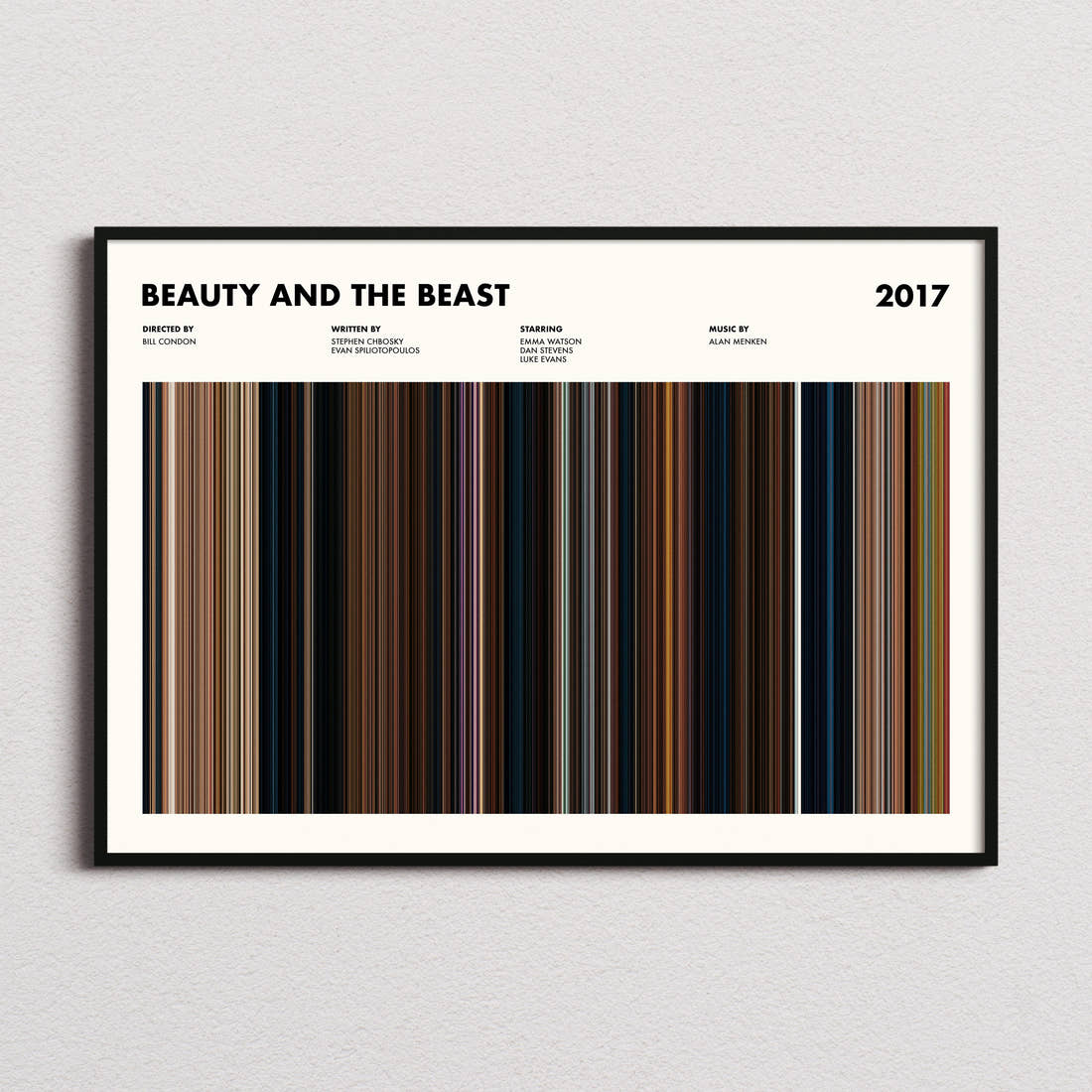 Beauty and the Beast Movie Barcode Poster framed and photographed straight on