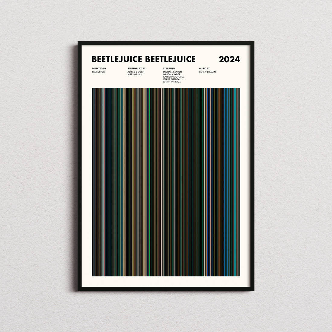 Beetlejuice Beetlejuice Movie Barcode Poster framed on a plain studio wall