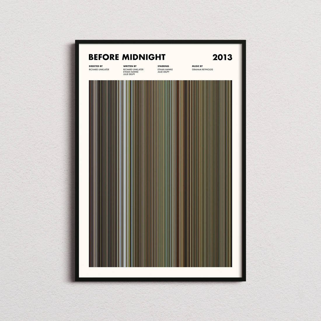 Before Midnight Movie Barcode Poster framed on a plain studio wall