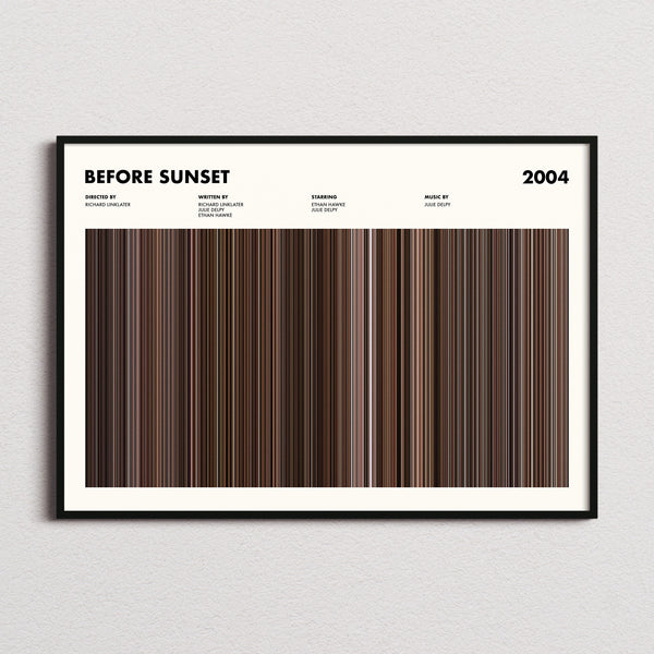 Before Sunset Movie Barcode Poster framed and photographed straight on