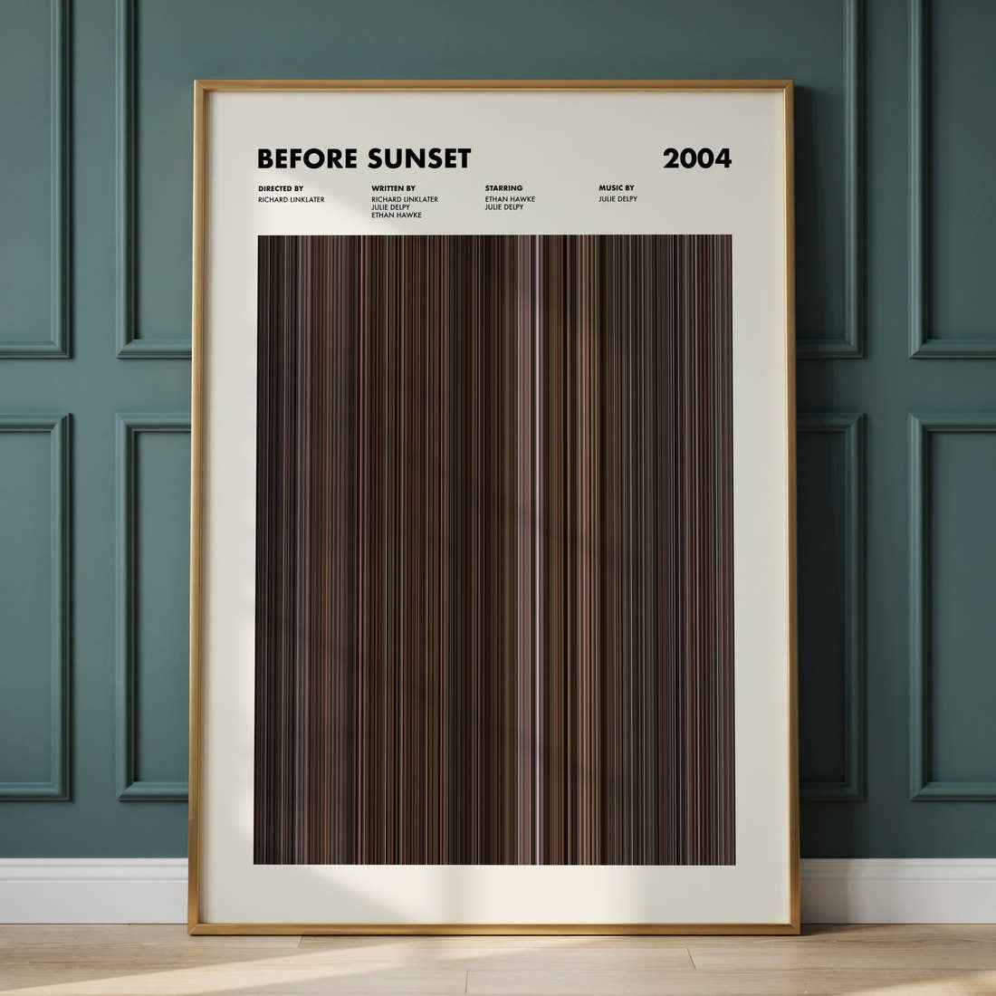 Before Sunset Movie Barcode Poster framed and leaning against a panelled wall