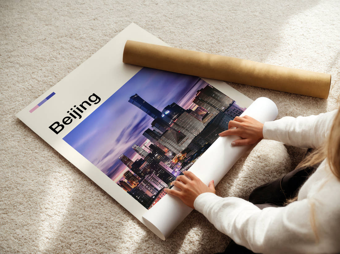 Beijing Night Skyline Travel Print being unrolled from its postal tube