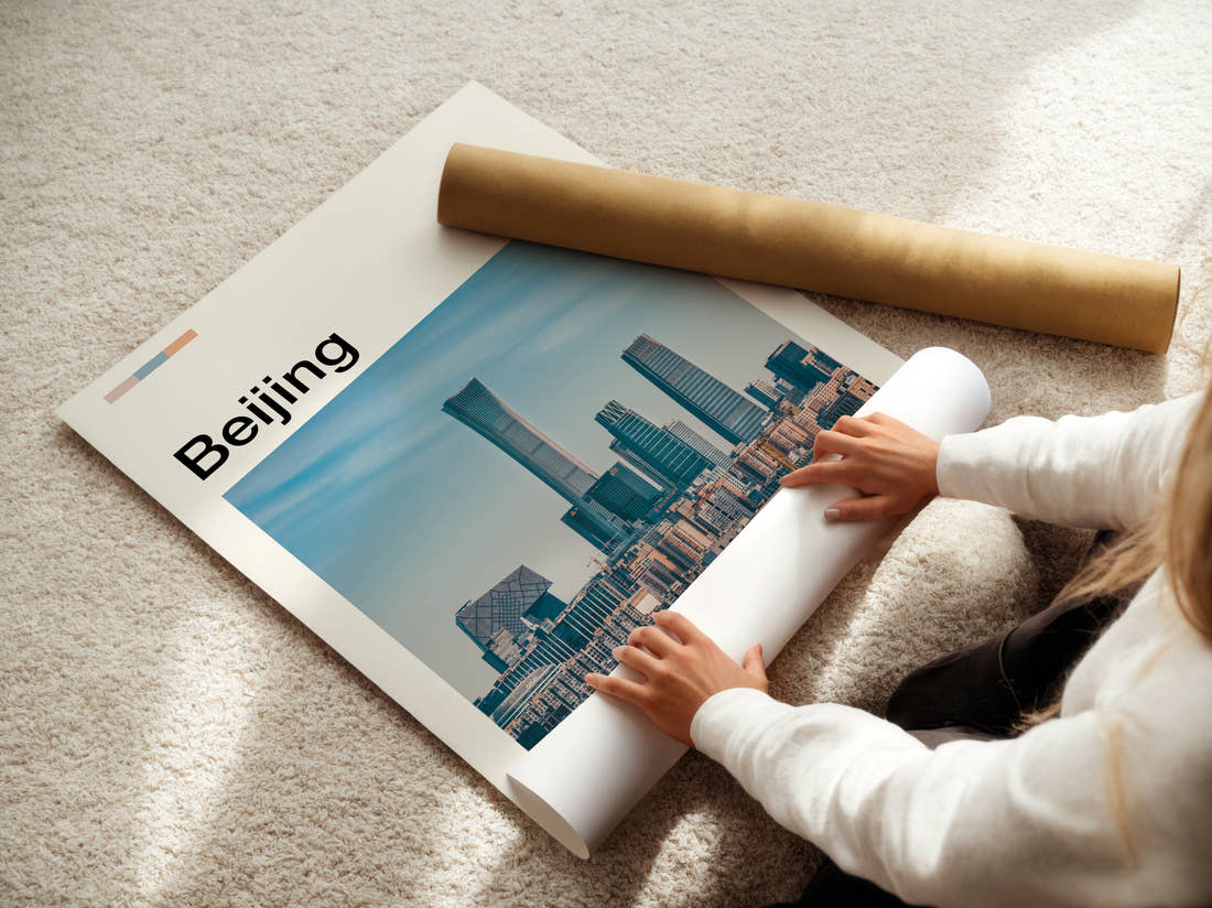 Beijing China Zun Tower Travel Print being unrolled from its postal tube
