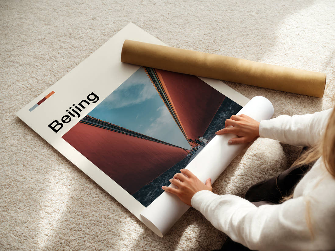 Beijing Forbidden City Walls Travel Print being unrolled from its postal tube
