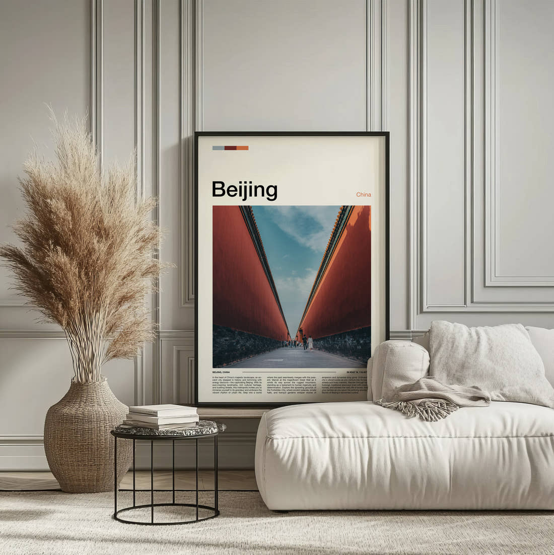 Beijing Forbidden City Walls Travel Print framed on the wall of a calm, neutral bedroom