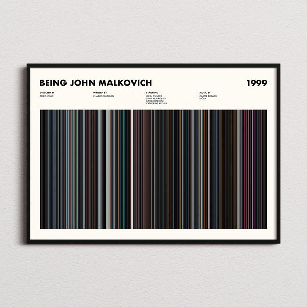 Being John Malkovich Movie Barcode Poster framed and photographed straight on
