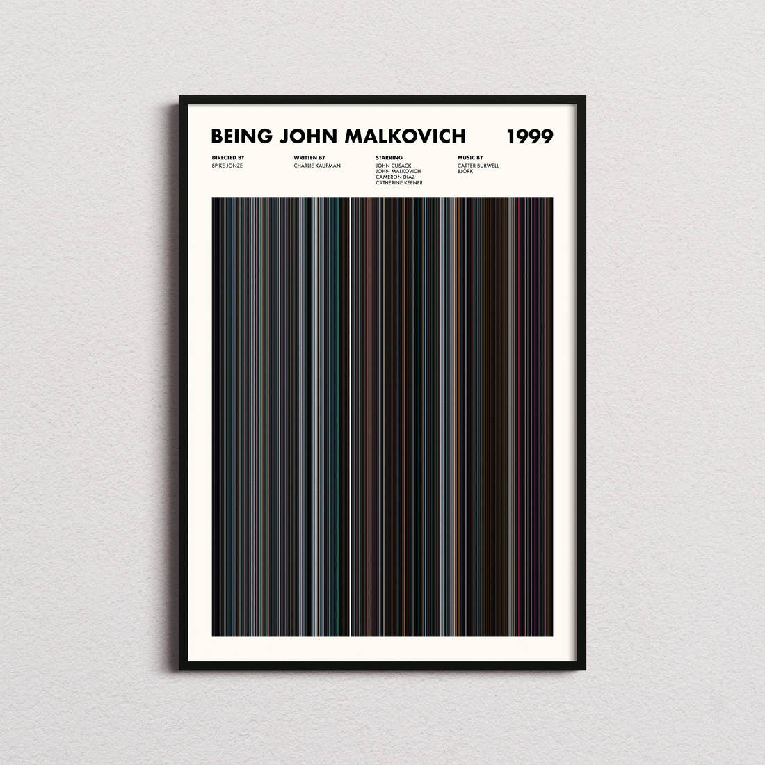 Being John Malkovich Movie Barcode Poster framed on a plain studio wall