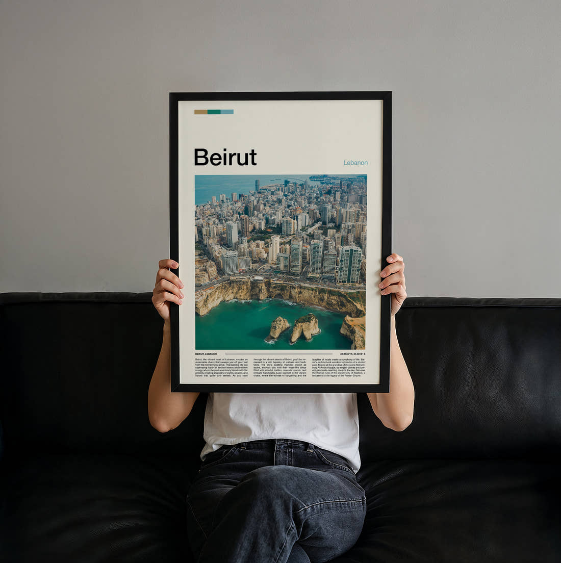 Beirut Coastal Cityscape Travel Print held up by hand to show the size of the print