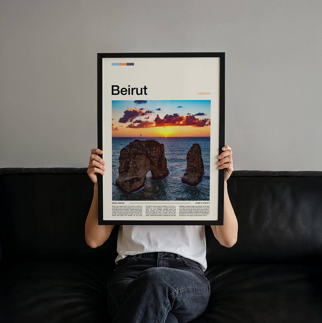 Beirut Pigeon Rocks Travel Print held up by hand to show the size of the print