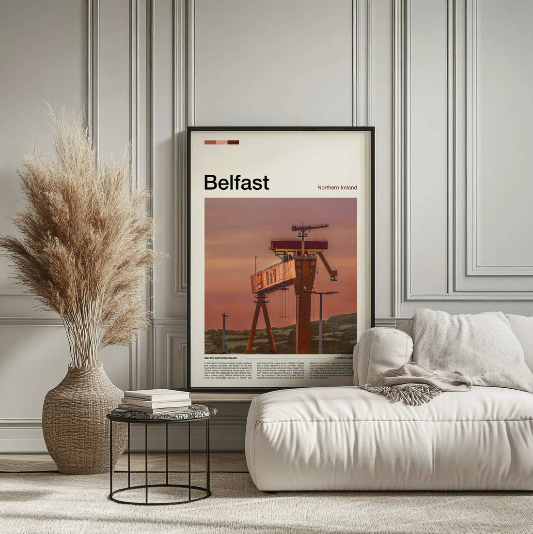 Belfast Shipyard Crane Travel Print framed on the wall of a calm, neutral bedroom